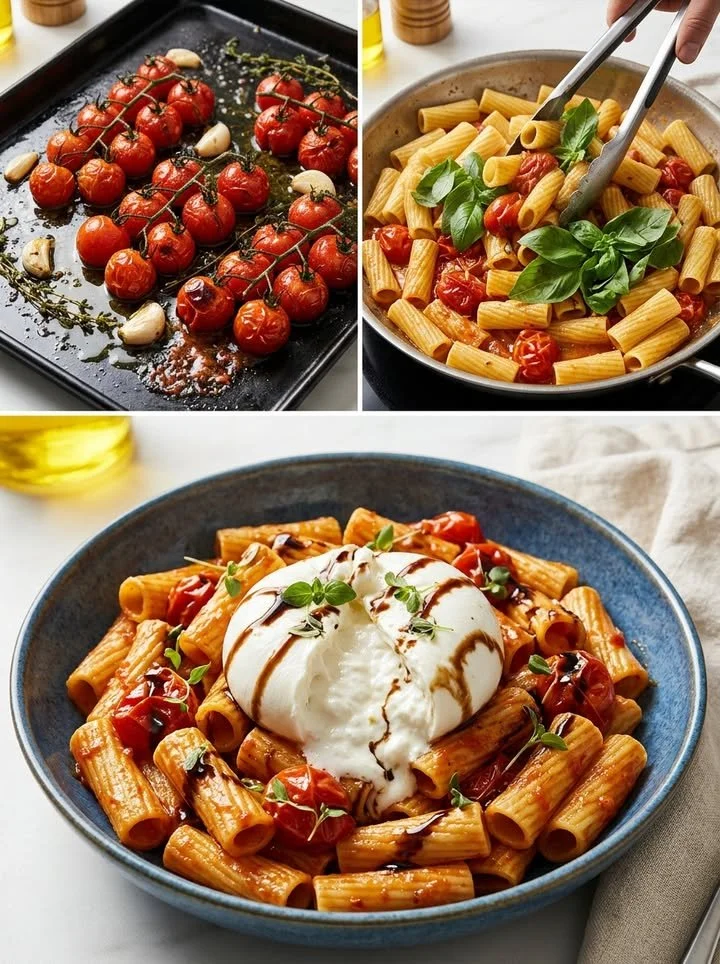 Ofengeröstete Tomaten-Pasta mit Burrata auf einem Teller angerichtet