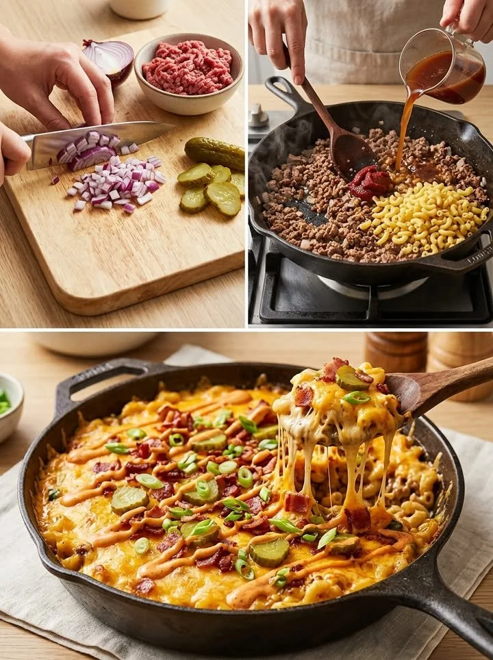 One-Pan Cheeseburger-Pfanne mit saftigen Burger-Zutaten und Käse