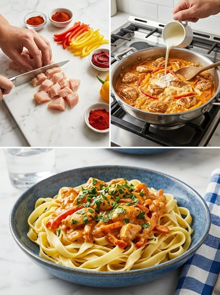 Paprika-Sahne-Hähnchen mit Bandnudeln auf einem Teller serviert