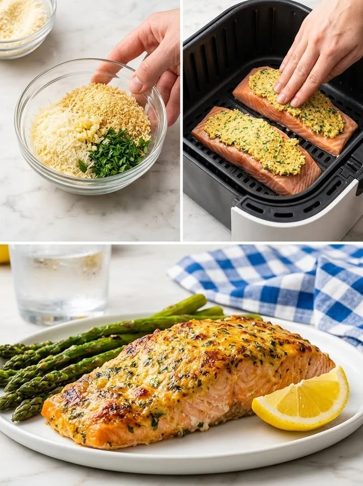 Parmesanlachs mit Kräuter-Käsekruste auf einem Teller serviert