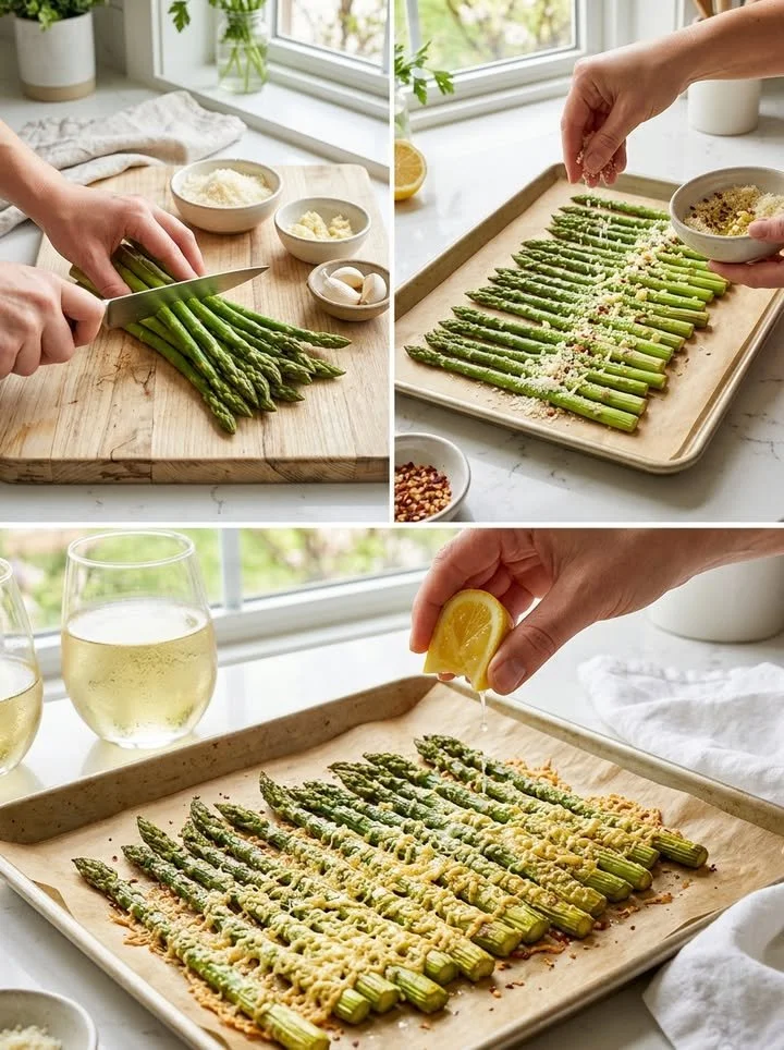 Gericht aus Ofen-Parmesan-Spargel, goldbraun und knusprig, perfekt zum Servieren.