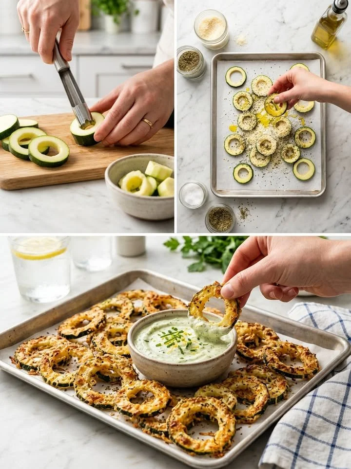 Parmesan-Zucchini-Ringe mit Zero Waste Dip auf einem Teller