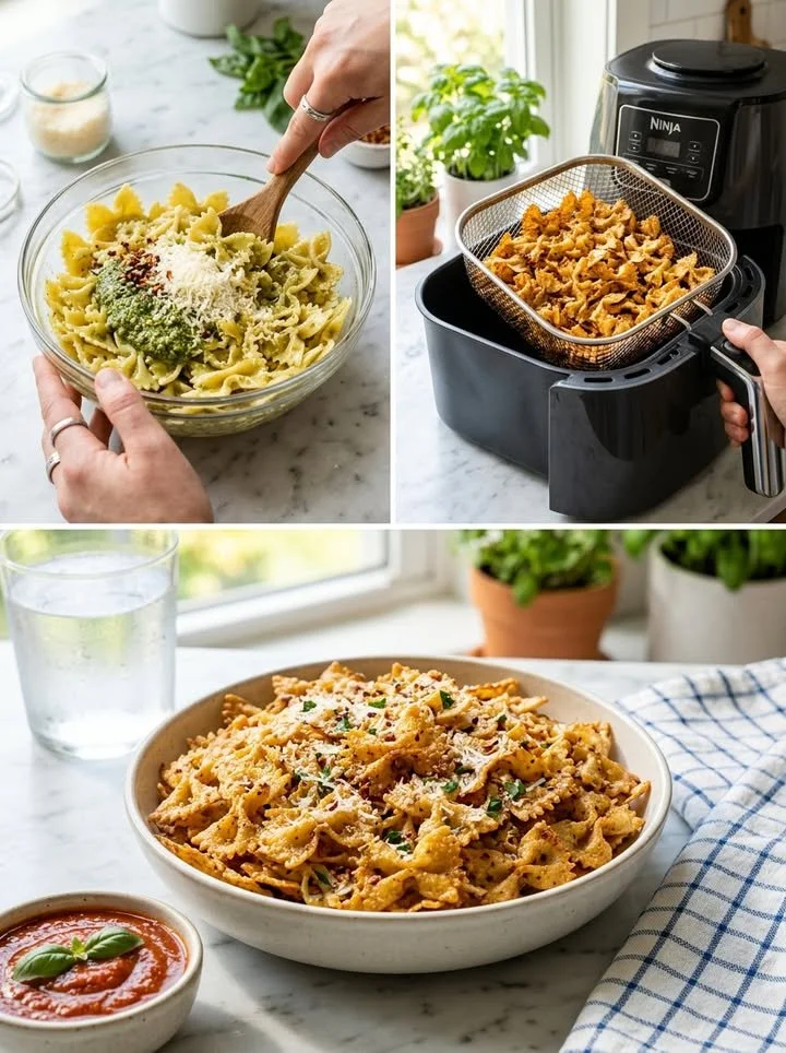Köstliche und knusprige Pasta-Chips in einer Schale serviert.