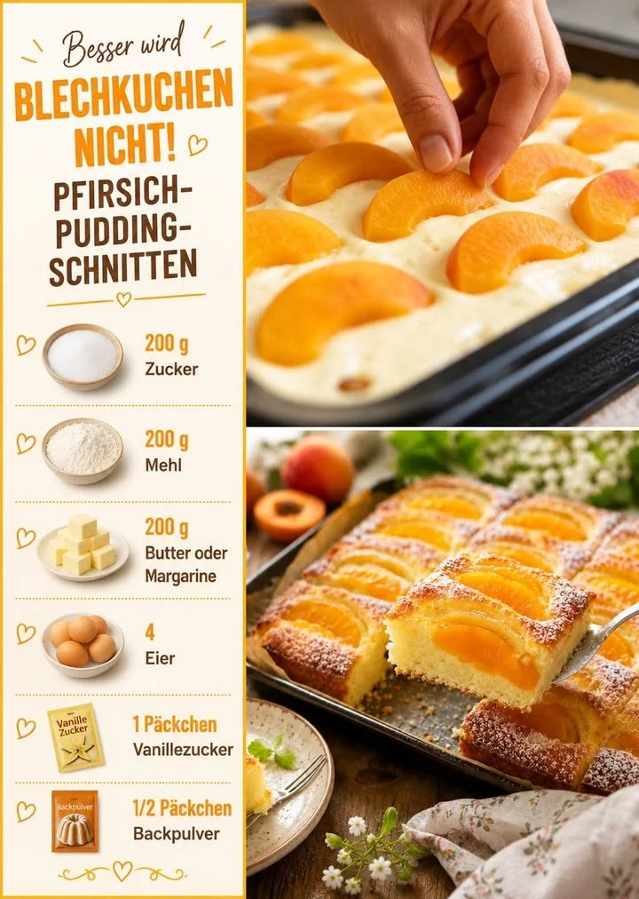 Leckere Pfirsich-Pudding-Schnitten auf einem Teller, ideal für Desserts.
