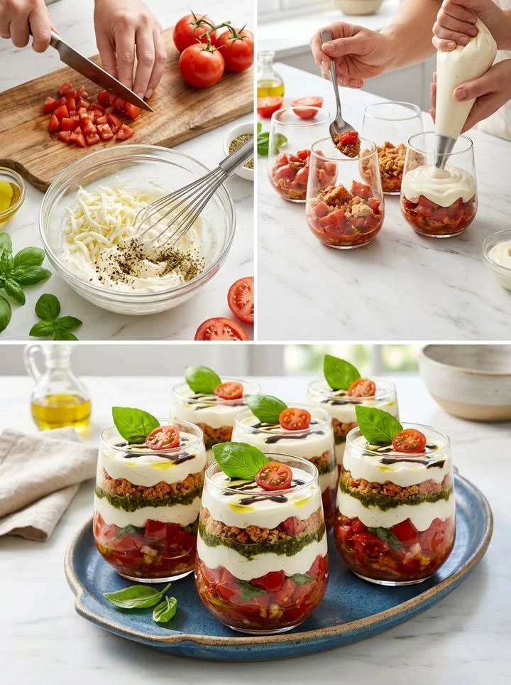 Pikantes Tomaten-Mozzarella-Tiramisu im Glas als kreative Vorspeise