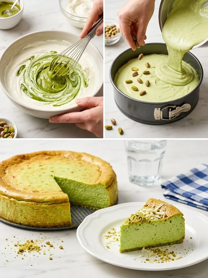 Pistazien-Cheesecake ohne Boden in einem eleganten Dessertglas angerichtet