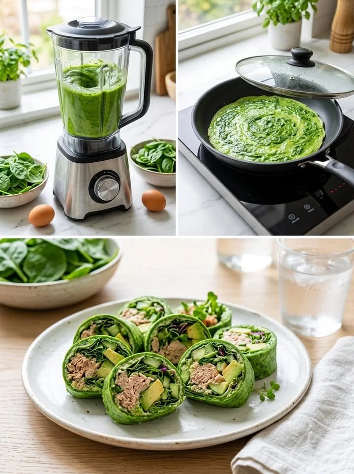 Gesunde proteinreiche Spinat-Röllchen mit frischem Spinat und feta