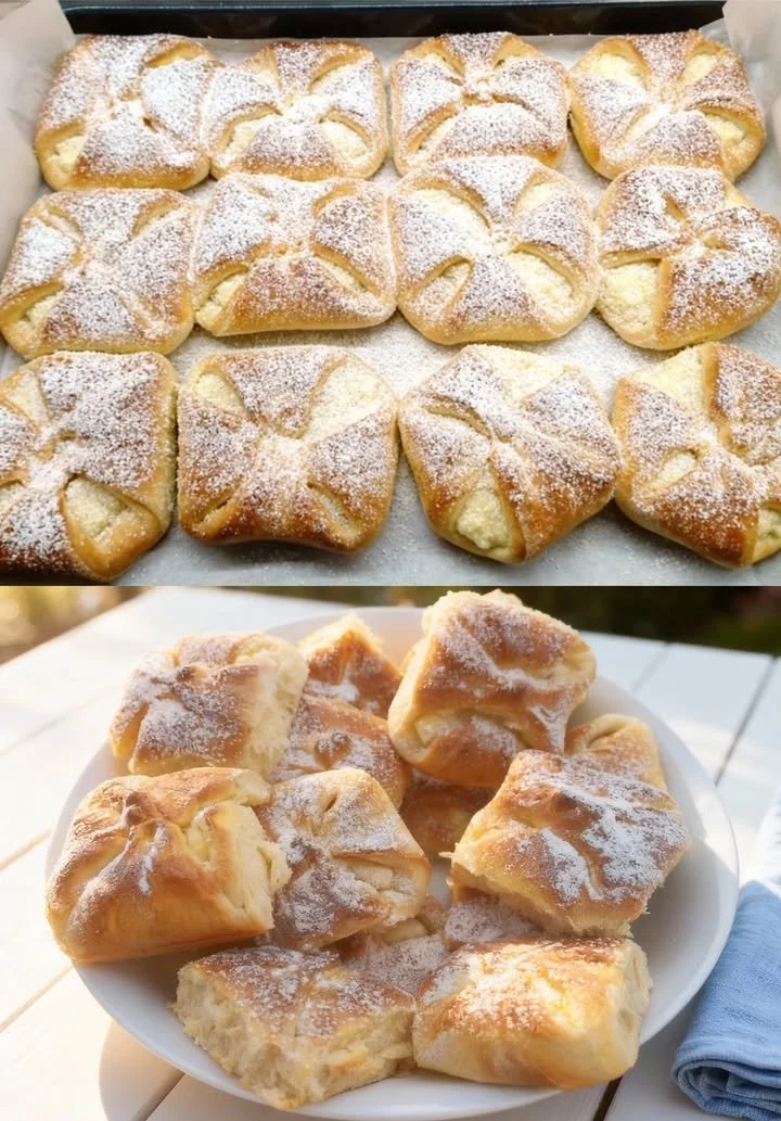 Quark-Hefetaschen auf einem Teller, frisch gebacken und köstlich.