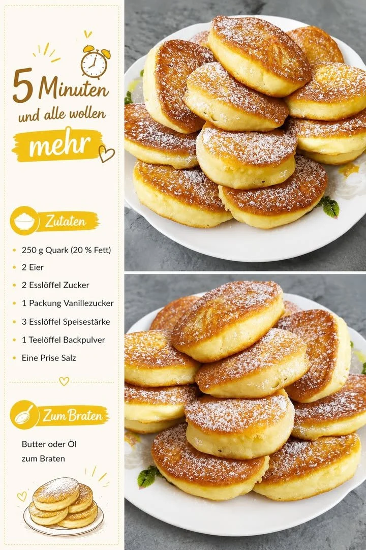 Leckere Quark-Pfannkuchen ohne Mehl auf einem Teller serviert.