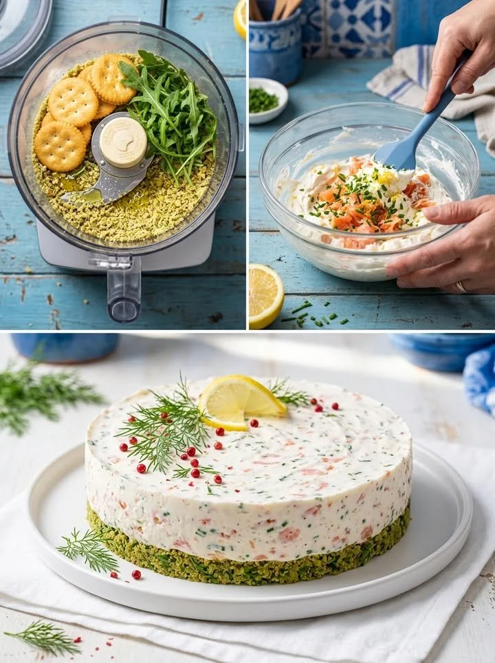 Räucherlachs-Cheesecake mit frischen Kräutern und einem knusprigen Boden