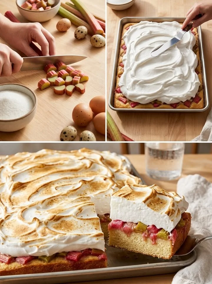 Leckerer Rhubarb Baiser Cake frisch aus dem Ofen mit fluffiger Baiser-Oberfläche.
