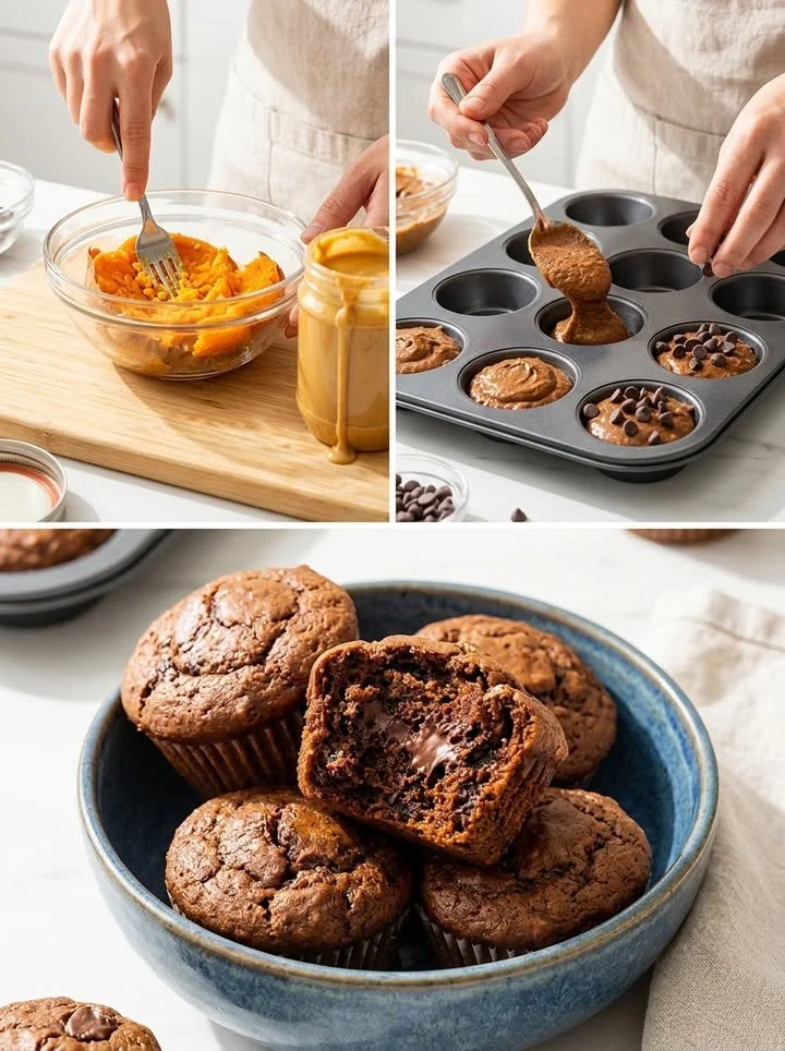 Saftige Süßkartoffel-Erdnussbutter-Muffins auf einem Tisch
