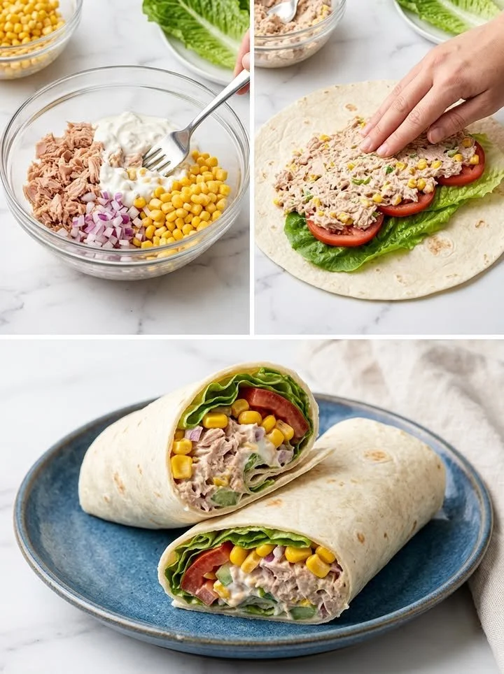 Saftiger Express-Thunfisch-Wrap mit frischen Zutaten.