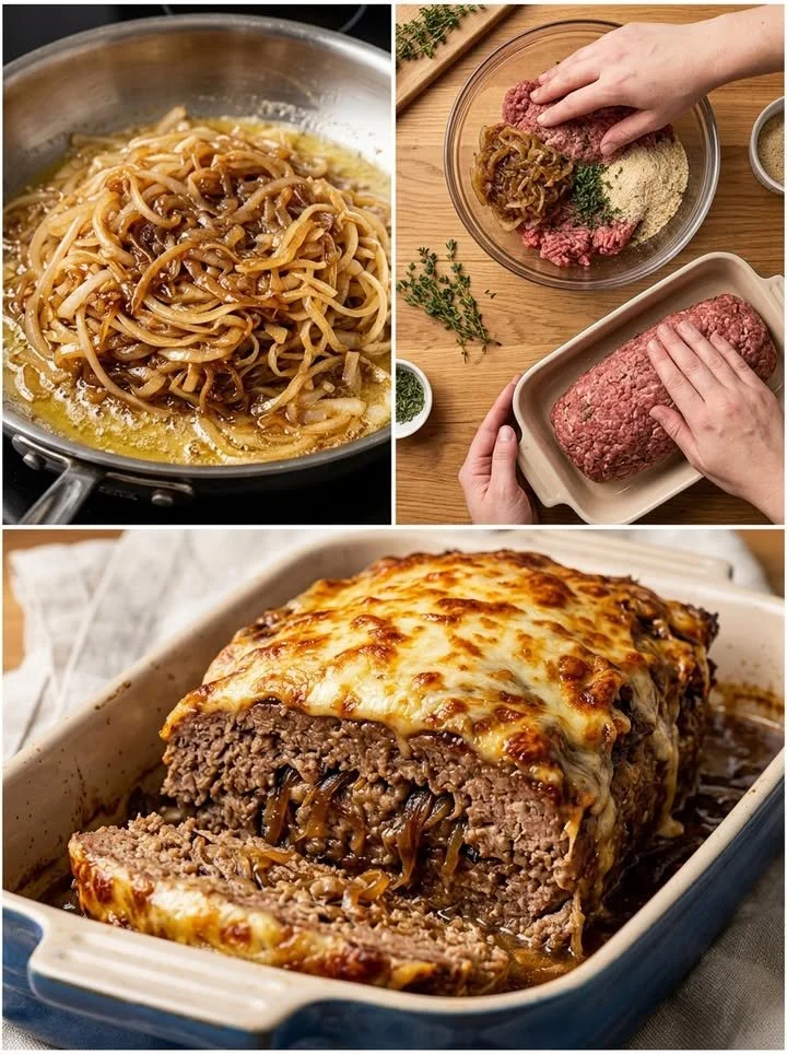 Saftiger Zwiebel-Hackbraten auf einem Teller mit Beilagen