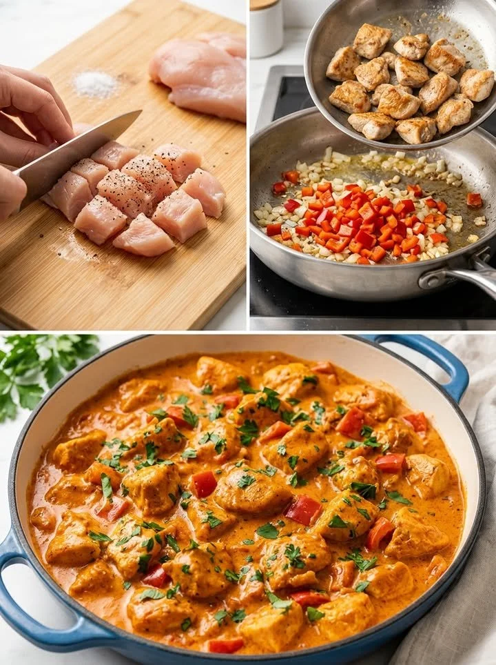 Saftiges Hähnchen in cremiger Paprika-Rahmsoße auf einem Teller serviert.