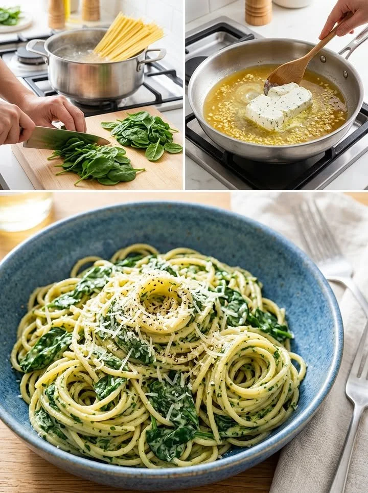 Samtige Spaghetti in cremiger Spinat-Frischkäse-Sauce auf einem Teller serviert