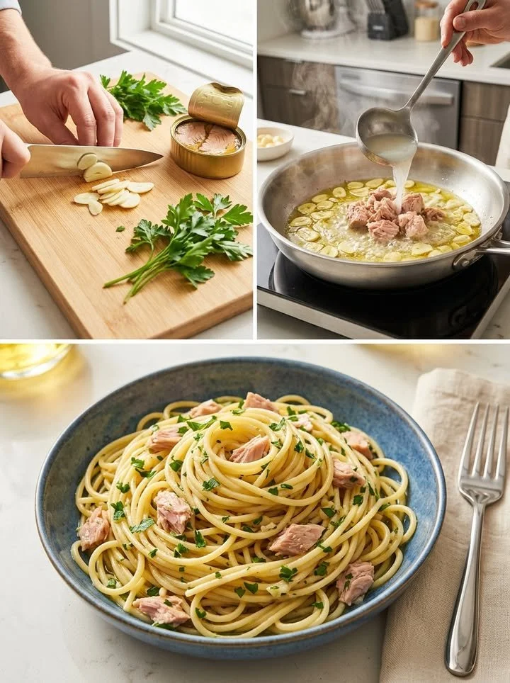 Ein Teller Thunfisch-Knoblauch-Spaghetti, garniert mit frischen Kräutern.