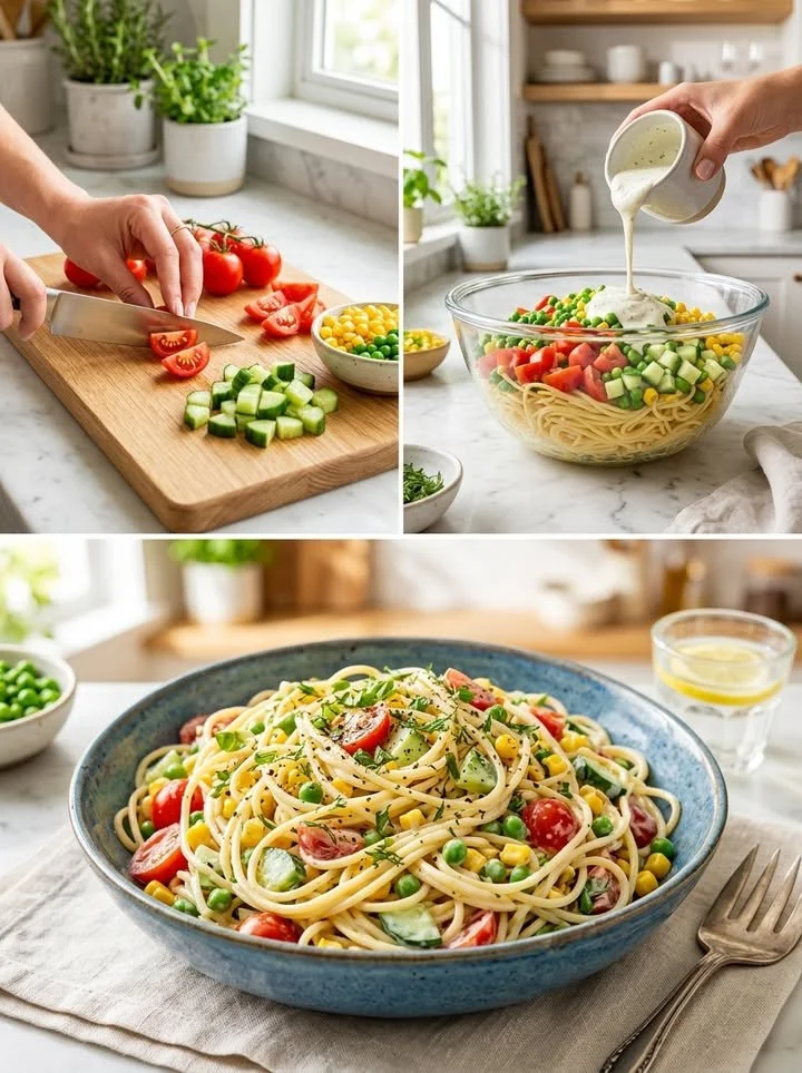 Spaghettisalat mit buntem Gemüse in einer dekorativen Schüssel