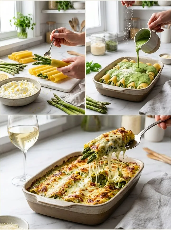 Spargel-Cannelloni mit einer reichhaltigen Kräutersauce angerichtet