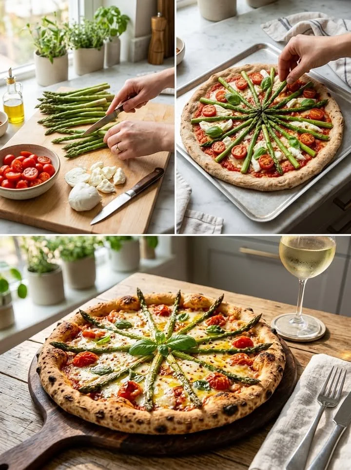 Leckere Spargel-Tomaten-Pizza frisch aus dem Ofen.