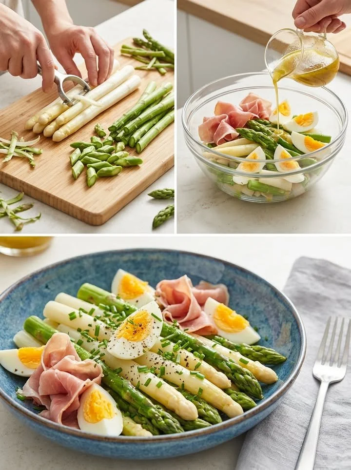 Leckerer Spargelsalat mit Ei und Schinken auf einem Teller serviert