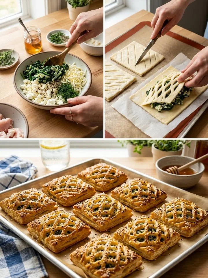 Spinat-Feta-Gitterkuchen frisch aus dem Ofen mit grünem Spinat und Feta-Käse