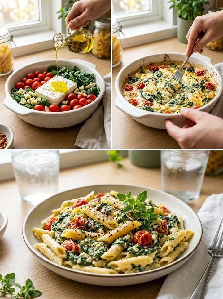 Schüssel mit Spinat-Feta-Pasta, frisch zubereitet und dekoriert