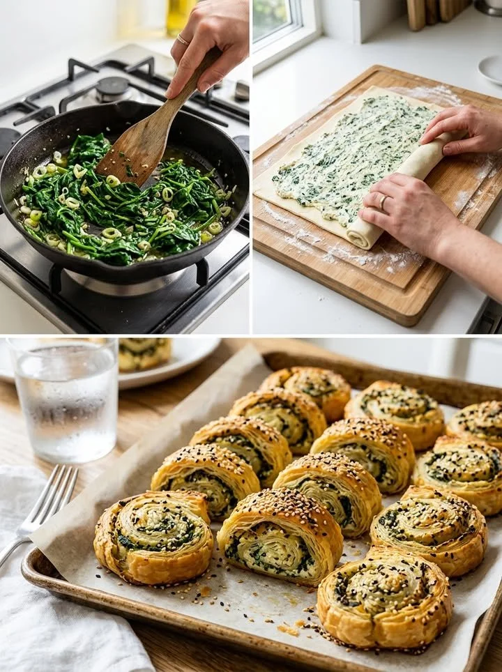 Leckere Spinat-Ricotta-Rollen auf einem weißen Teller serviert.