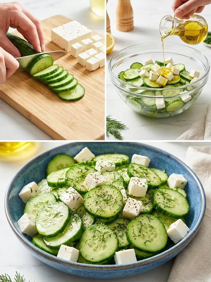 Frischer Gurken-Feta-Salat in einer bunten Schüssel serviert