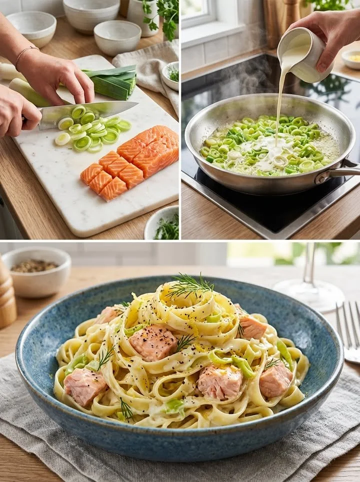 Tagliatelle mit Lachs und geschmolzenem Lauch in cremiger Sauce