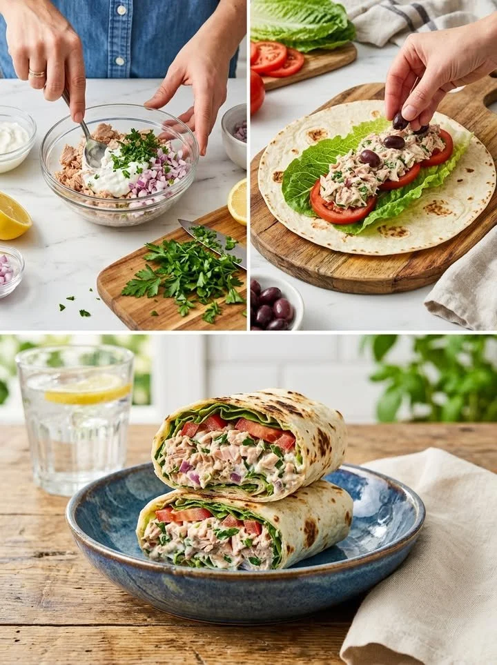 Thunfisch-Wraps mit Zitronen-Dressing auf einem Teller serviert.