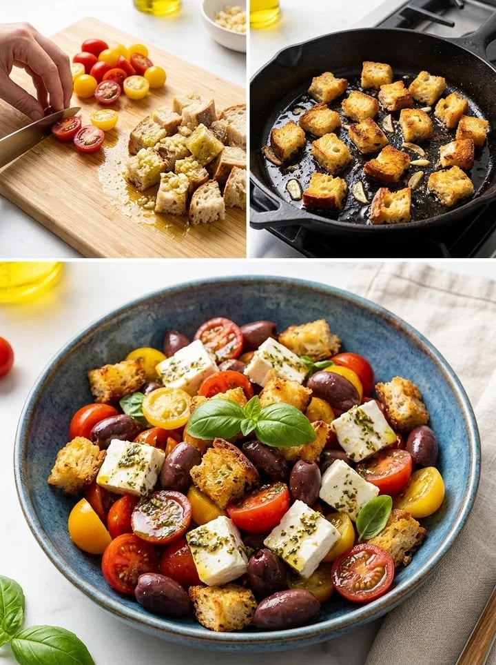 Tomaten-Feta-Salat mit Knoblauch-Crunch in einer bunten Schüssel