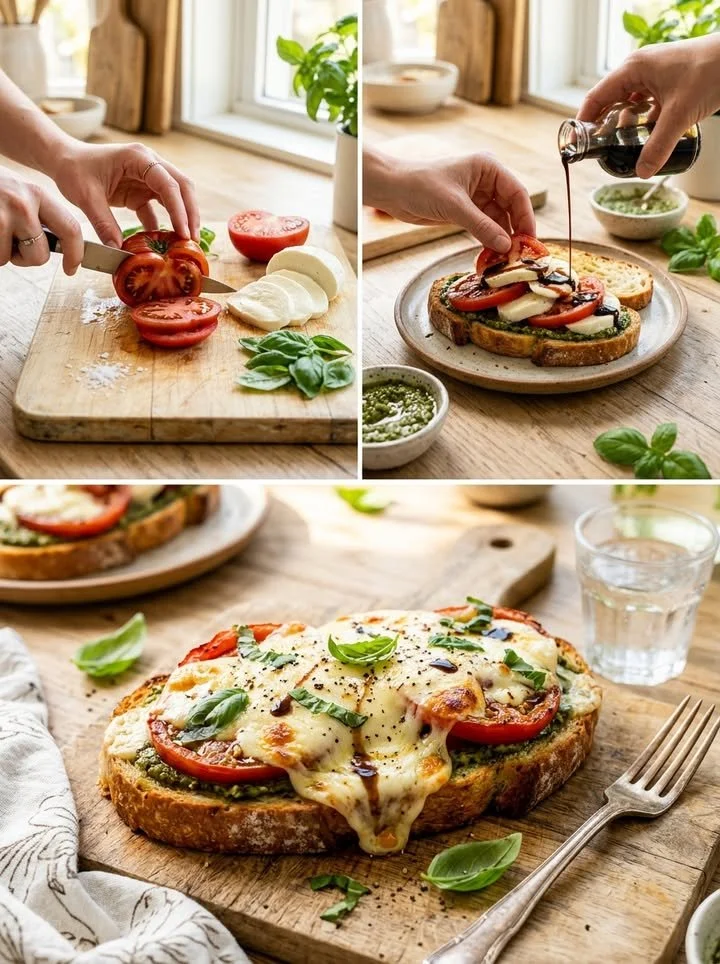 Köstlicher Tomaten-Mozzarella-Toast angerichtet auf einem weißen Teller