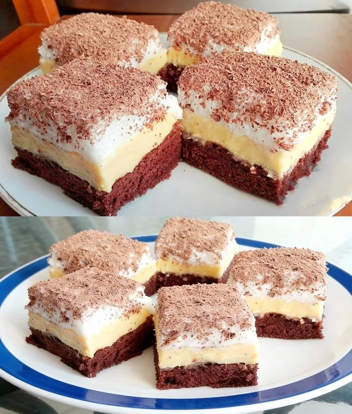 Leckerer Vanille-Baiser-Kuchen mit Baiseroberfläche und cremiger Füllung.