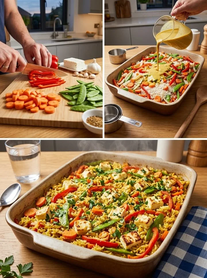 Leckeres Gemüse-Curry-Reis auf dem Backblech serviert