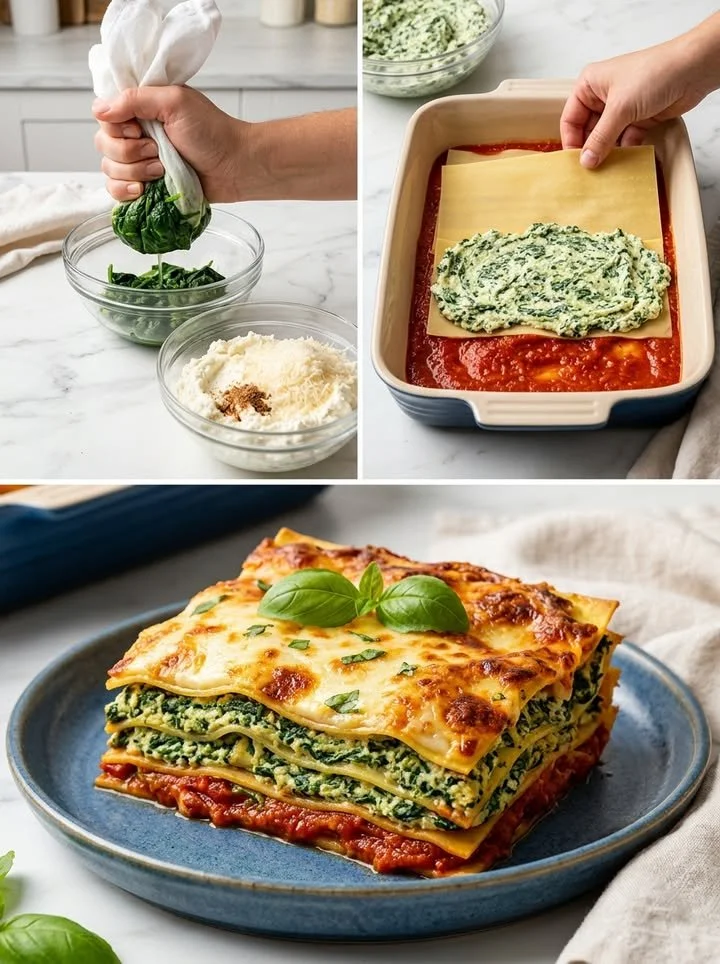 Veggie Spinat-Ricotta-Lasagne auf einem Teller serviert