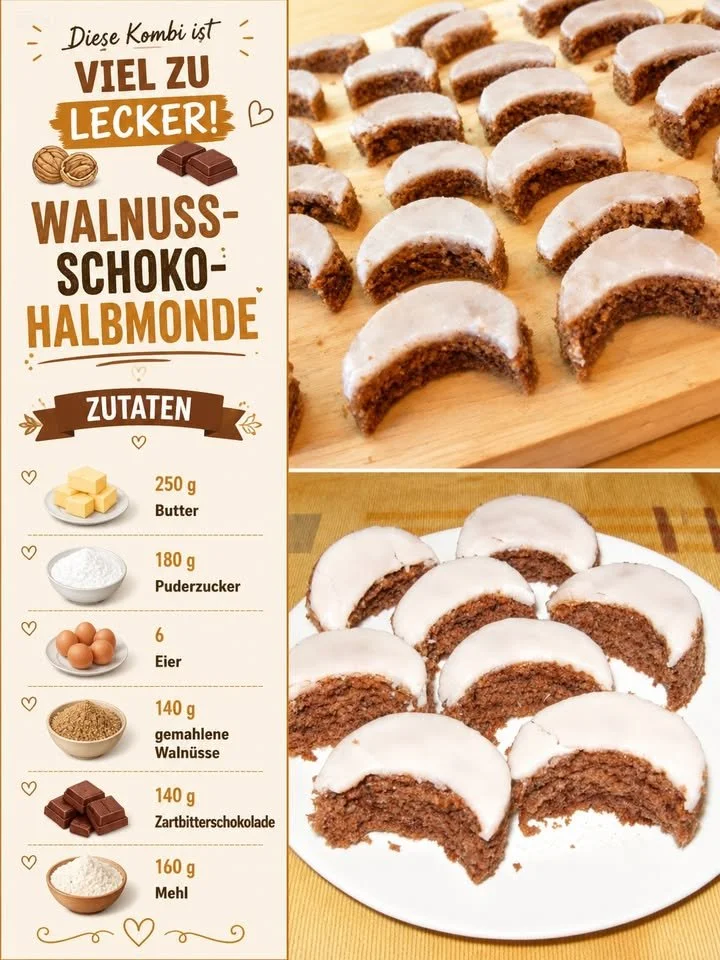 Walnuss-Schoko-Halbmonde auf einem Teller, lecker und frisch gebacken.