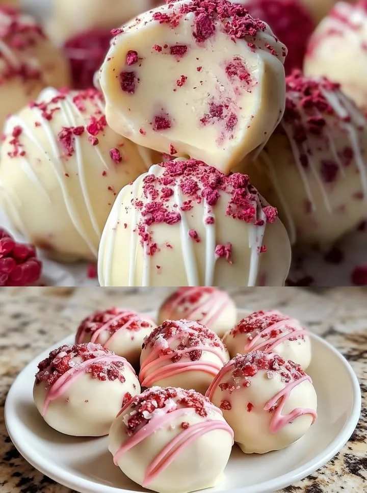 Weiße Schoko-Himbeer Pralinen in eleganter Präsentation