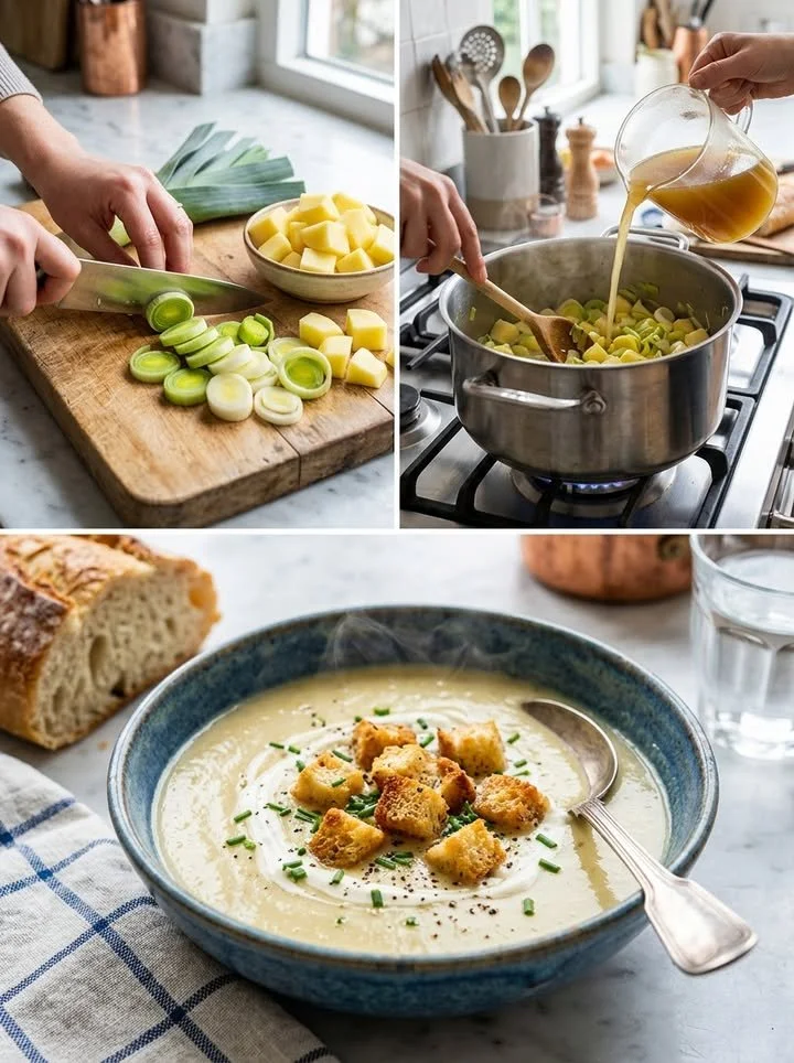 Schüssel mit winterlicher Kartoffel-Lauch-Suppe, ideal für kalte Tage.