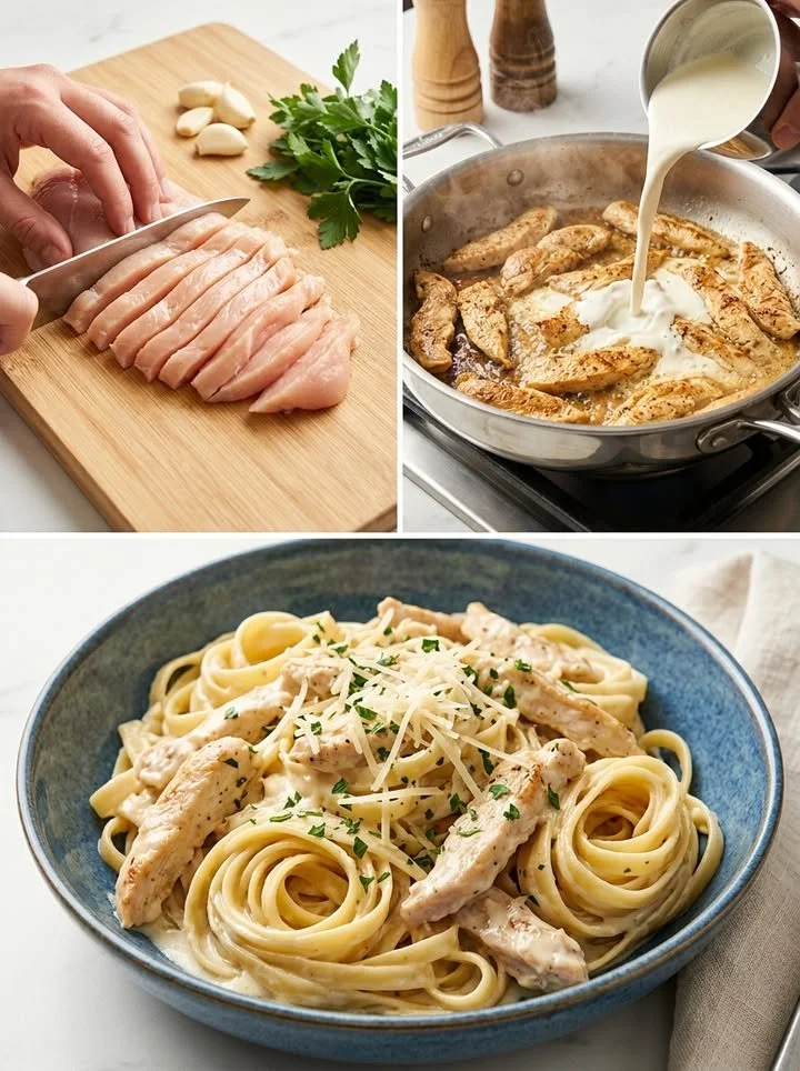 Zarte Hähnchenstreifen in süßlicher Pastasauce auf einem Teller serviert