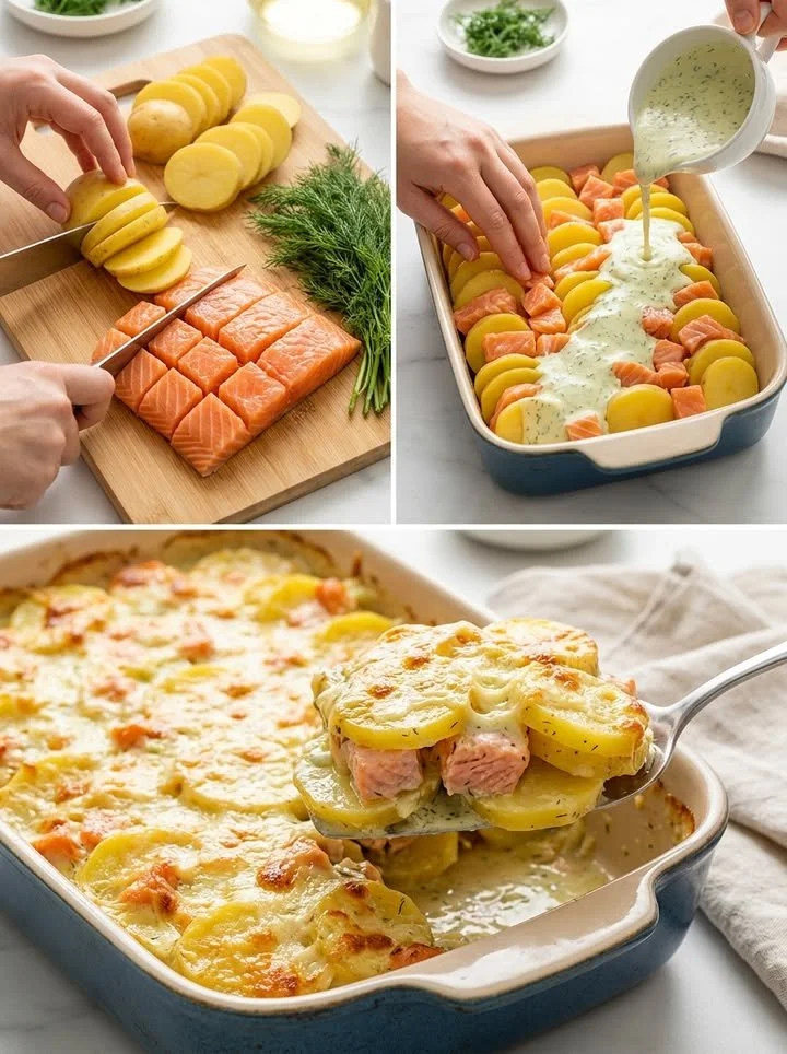 Zarter Lachs-Auflauf mit Kartoffeln und Dill-Rahm-Sauce auf einem weißen Teller