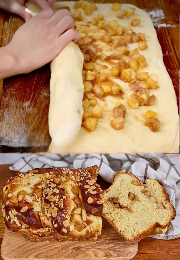 Zimt-Apfel-Zopf mit köstlicher Zimt-Äpfel-Füllung auf einem Holzbrett