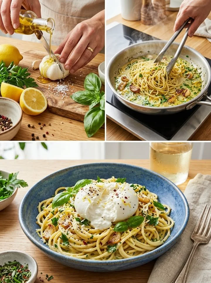 Zitronen-Kräuter-Burrata-Spaghetti auf einem Teller angerichtet