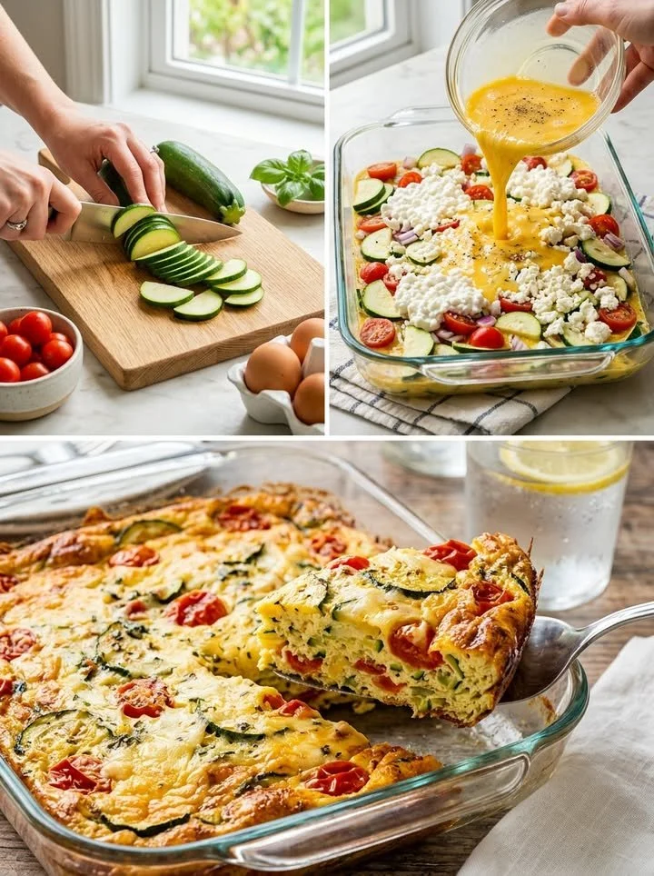 Zucchini-Frittata mit Hüttenkäse auf einem Teller angerichtet