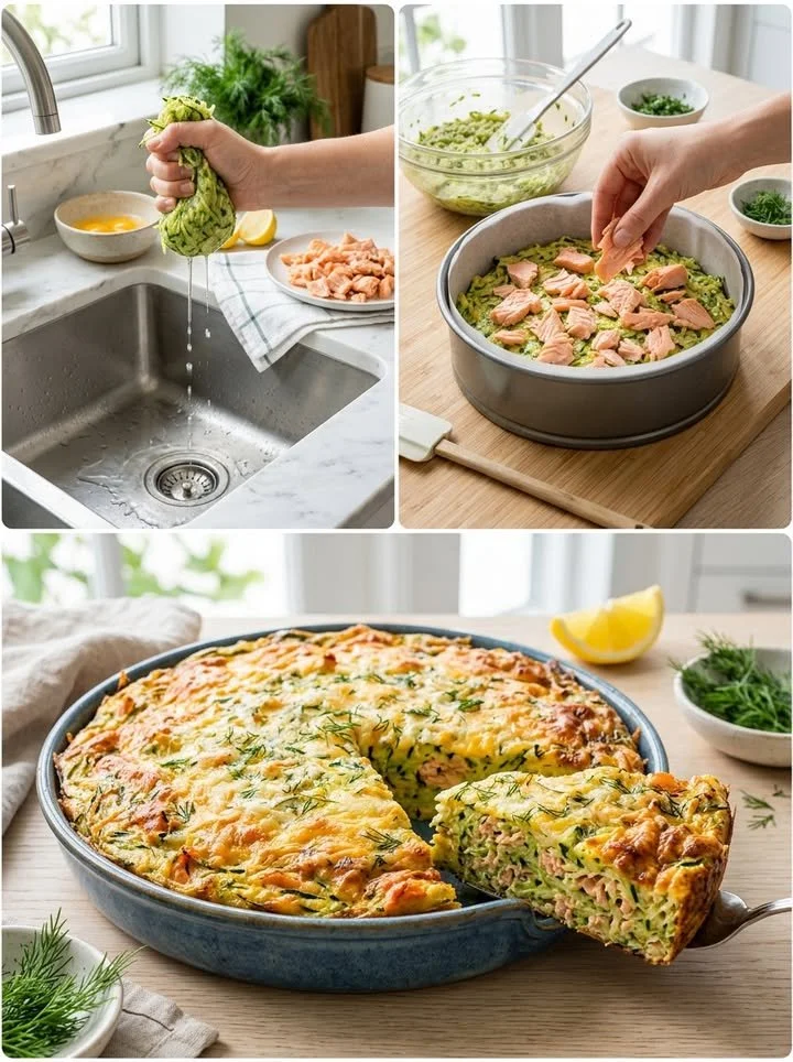 Zucchini-Lachs-Kuchen auf einem Teller mit frischen Kräutern garniert