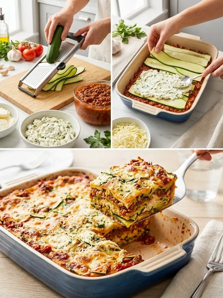 Zucchini-Lasagne mit frischen Zutaten auf einem Teller serviert.