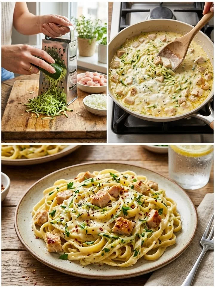 Leckere Zucchini Parmesan Pasta in einer Schüssel serviert