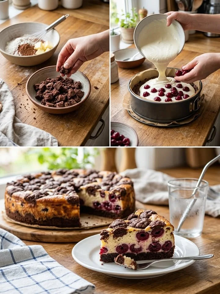 Zupfkuchen mit Kirschen und Schokolade auf einem Teller serviert