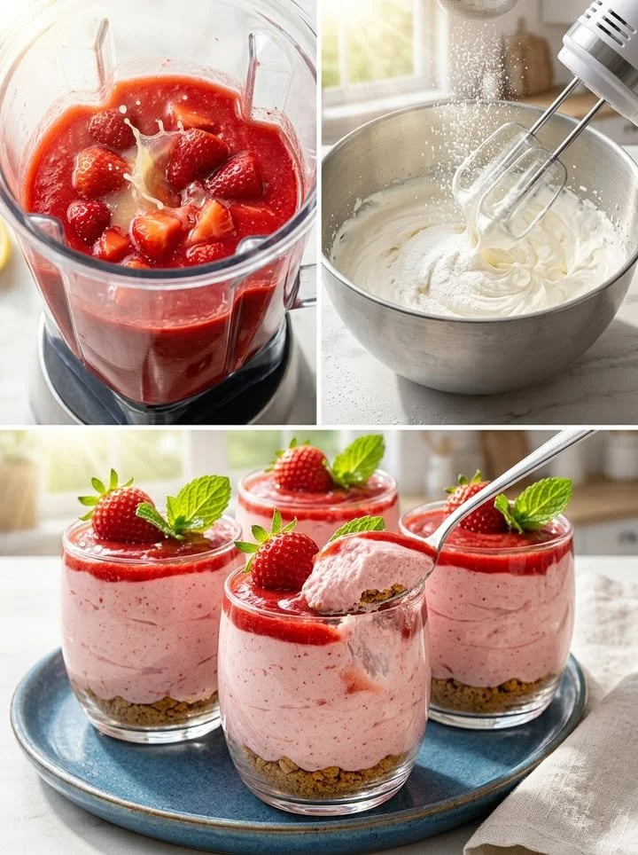 Schnelles Erdbeer-Wolken-Dessert in einer Schüssel mit frischen Erdbeeren.