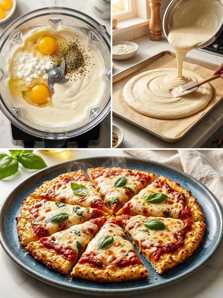 3-Zutaten-Pizzaboden aus Hüttenkäse auf einem Holzbrett